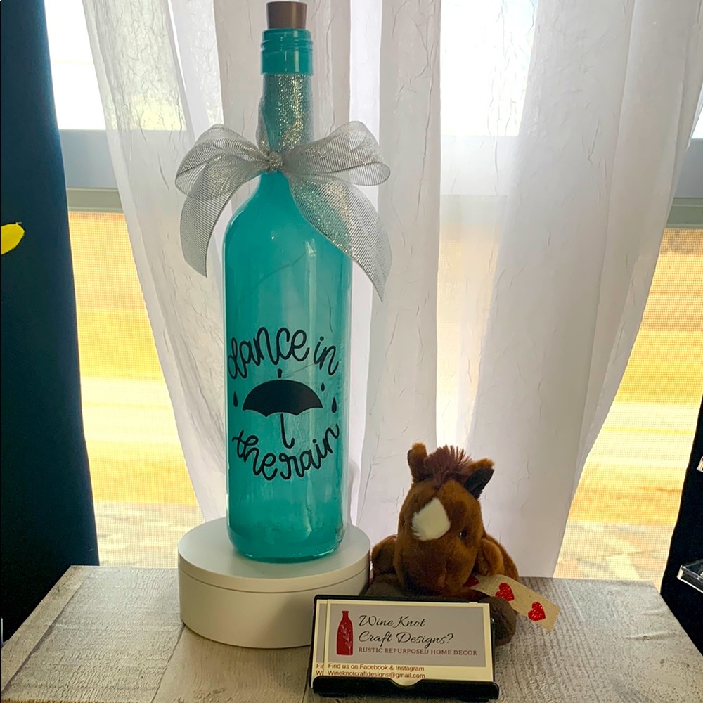 Hand Crafted Blue ‘Dance in the Rain’ Wine Bottle Lantern